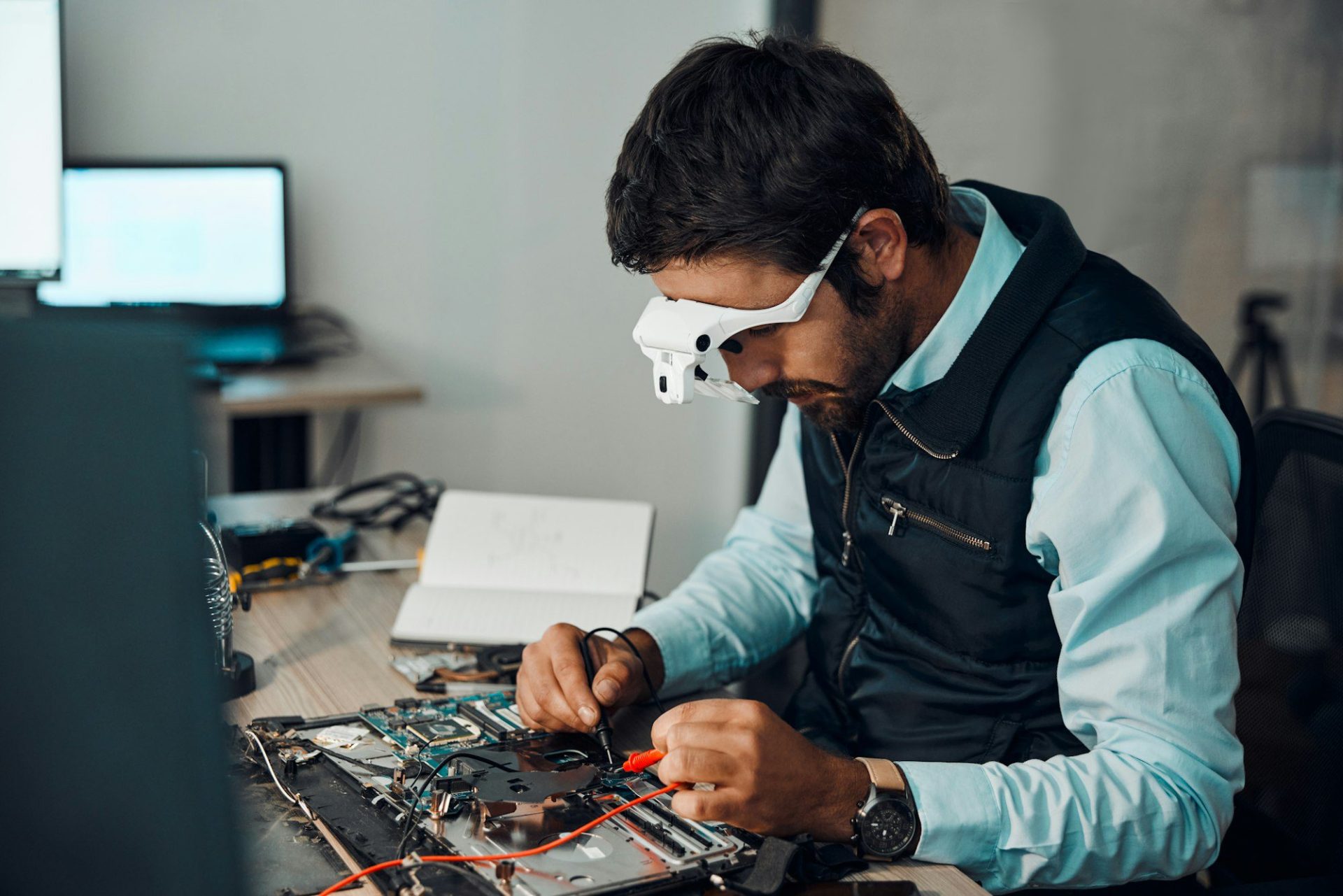 Technician, computer and engineer repair motherboard, microcircuit or electronic device in a worksh