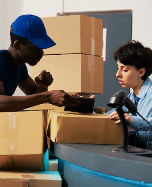 African american courier putting manager to sign shipment report, discussing customer shipping detalis in clothing store. Employee working at clients online orders, preparing packages for delivery